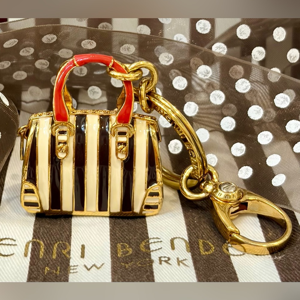 NWOT HENRI BENDEL Gold & Brown Stripe Mini Bag Keychain with Red Handle - Picture 3 of 14